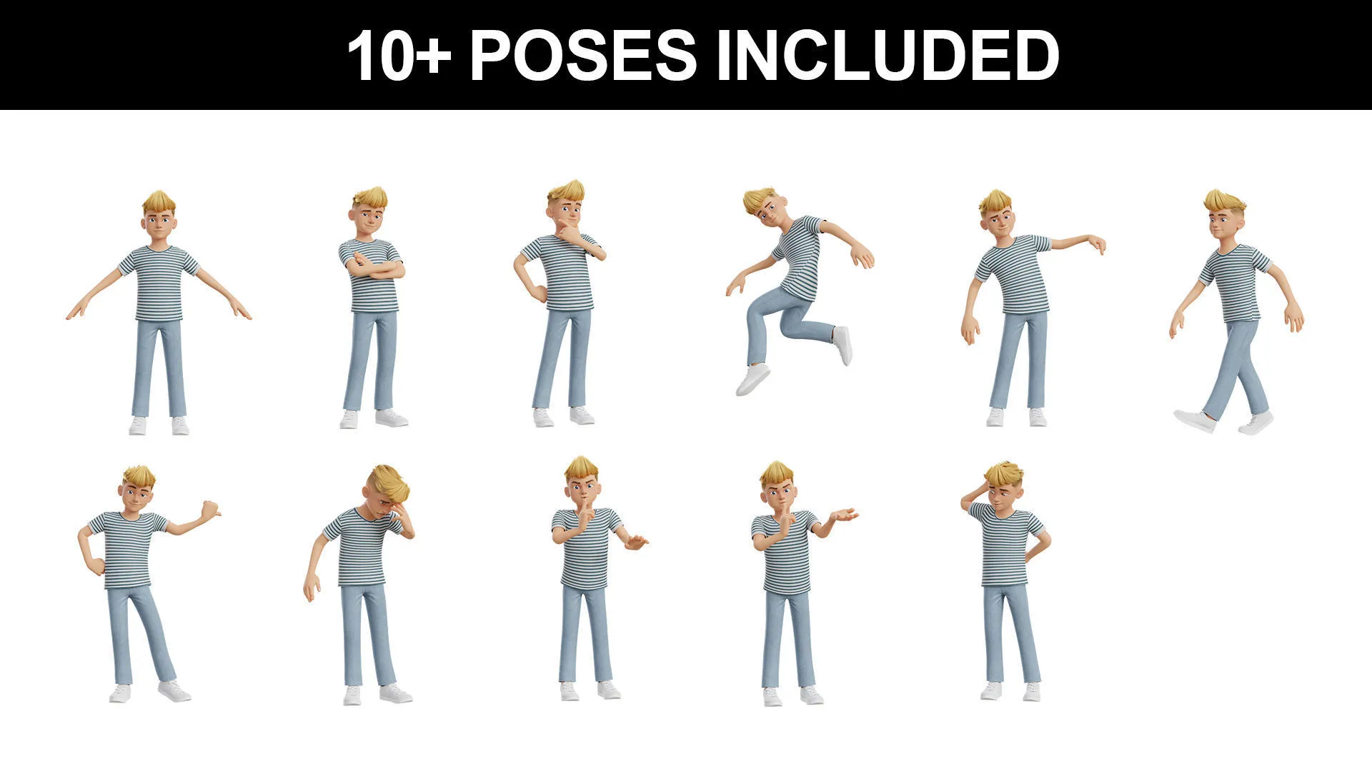 10+ pre-made poses for Cartoon White Teen Boy